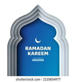 Ramadan Kareem greeting card. Paper cut mosque window arch or door arc silhouette isolated on white background. Arabian night Voucher Template, place for text. Vector illustration.