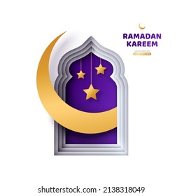 Ramadan Kareem greeting card. Paper cut crescent moon in mosque window with stars. Arabian night Voucher Template, place for text. Vector illustration.