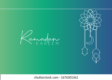 Ramadan Kareem greeting card, poster and banner design background. One single line drawing of muslim Islamic tribal with lantern lamp and moon ornament. Continuous line draw vector illustration