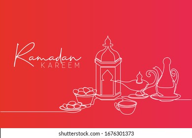 Ramadan Kareem greeting card, poster and banner design. One single line drawing of Islamic ornament lantern, glass, dates fruit, food, drink and teapot. Continuous line draw vector illustration