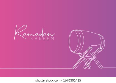 Ramadan Kareem greeting card, poster and banner design background. Single continuous line drawing of wooden bedug, traditional call prayer from Indonesia. One line draw vector illustration