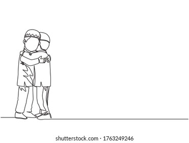 Ramadan Kareem greeting card, poster and banner design. One single line drawing of two young happy muslim boys hugging to forgive each other. Continuous line draw vector illustration