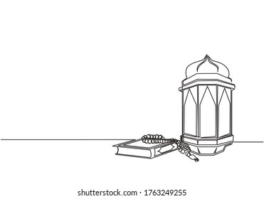 Ramadan Kareem greeting card, poster and banner design. Single continuous line drawing of Islamic ornament quran kitab, tasbih and lantern lamp. Muslim festival one line draw vector illustration svg