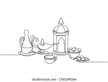 Ramadan Kareem greeting card, poster and banner design. One single line drawing of Islamic ornament lantern, glass, dates fruit, food, drink and teapot. Continuous line draw vector illustration