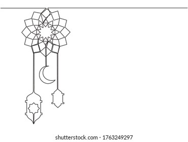 Ramadan Kareem greeting card, poster and banner design background. One single line drawing of muslim Islamic tribal with lantern lamp and moon ornament. Continuous line draw vector illustration