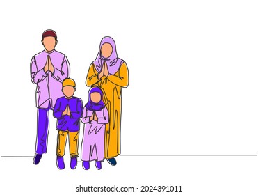 Ramadan Kareem greeting card, poster and banner design. One single line drawing of happy muslim Islamic family - father, mother, daughter and son. Eid Mubarak continuous line draw vector illustration