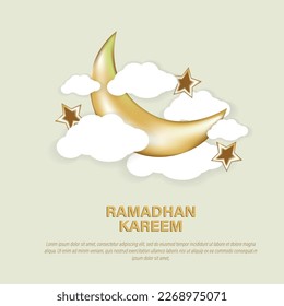 ramadan kareem greeting card or poster with 3d gold moon and paper cloud. for business needs, feeds, posters, design materials.