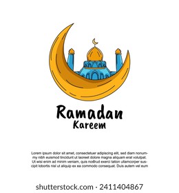 Ramadan kareem greeting card. Ramadan poster design with crescent moon and mosque hand drawn style