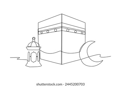 Ramadan Kareem greeting card, poster and banner design background. One continuous line drawing of Islamic ornament lantern lamp hanging on moon at cloudy sky. Single line draw vector illustration