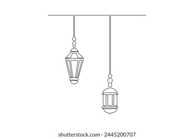 Ramadan Kareem greeting card, poster and banner design background. One continuous line drawing of Islamic ornament lantern lamp hanging on moon at cloudy sky. Single line draw vector illustration