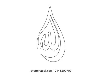 Ramadan Kareem greeting card, poster and banner design background. One continuous line drawing of Islamic ornament lantern lamp hanging on moon at cloudy sky. Single line draw vector illustration