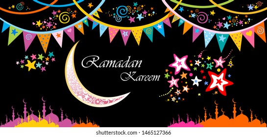 Ramadan Kareem Greeting Card. Ramadhan Mubarak. Ramadan Kareem greeting beautiful lettering for banner islamic background.  Vector Illustration 