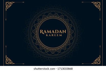 Ramadan Kareem Greeting Card. Ramadhan Mubarak. Translated: Happy & Holy Ramadan. Month of fasting for Muslims. Arabic Calligraphy. Golden Frame. 