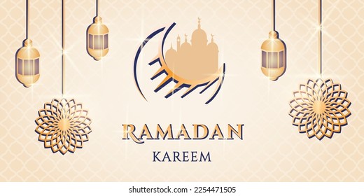 Ramadan kareem greeting card. Realistic 3d banner with mosque silhouette, lantern, gold flowers, moon, lantern, pattern. National religious holiday. Eid mubarak banner. Vector illustration