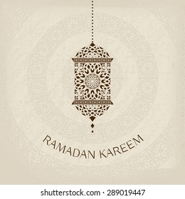 Ramadan Kareem greeting card in retro style. Vector background with muslim symbol - traditional arabic lantern