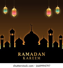 Ramadan Kareem Greeting Card. Social Media post template with Arabic Calligraphy, moon and lantern. Translated: Happy & Holy Ramadan.