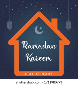 Ramadan Kareem Greeting Card and stay at home. Social Media post template Ramadan Mubarak. islamic symbol crescent. Arabic shining lamps. Islamic blue background.