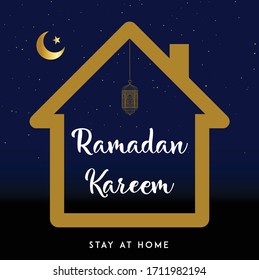 Ramadan Kareem Greeting Card and stay at home. Social Media post template Ramadan Mubarak. islamic symbol crescent. Arabic shining lamps. Islamic background.