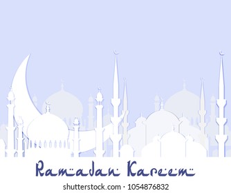 Ramadan Kareem. Greeting card. Stylized drawing of the silhouette of the eastern city. Cut from white paper. Vector illustration
