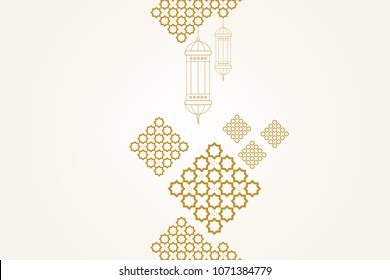 Ramadan Kareem Greeting Card Template. Ramadan Lamp Or Lanterns And Muslim Pattern Element