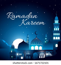 Ramadan Kareem greeting card template line Arabic calligraphy with colorful crescent Islamic banner, against the background of the night sky, with green with blue, with a mosque. Background design.