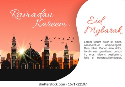 Ramadan Kareem greeting card template line Arabic calligraphy with colorful crescent Islamic banner, against the background of the night sky, with green with blue, with a mosque. Background design.