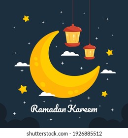 Ramadan Kareem greeting card template. Illustration vector graphic. Design concept lantern with crescent moon and stars in flat design cartoon style, Perfect for banner, Postcard social media