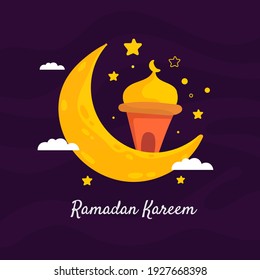 Ramadan Kareem greeting card template. Illustration vector graphic. Design concept Mosque with crescent moon and stars in flat design cartoon style, Perfect for banner, Postcard social media