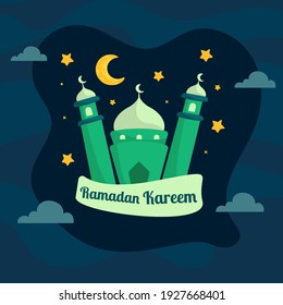 Ramadan Kareem greeting card template. Illustration vector graphic. Design concept Mosque with crescent moon and stars in flat design cartoon style, Perfect for banner, Postcard social media