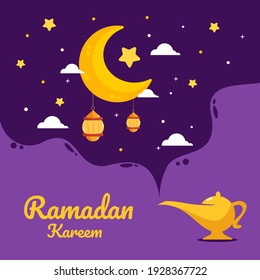 Ramadan Kareem greeting card template. Illustration vector graphic. Design concept lamp Aladdin with crescent moon and stars in flat design cartoon style, Perfect for banner, Postcard social media