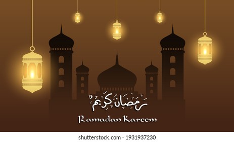 Ramadan kareem greeting card template with gold ramadan lantern, islamic background banner wallpaper vector illustration. Arabic text translation : ramadan kareem, holy month for muslim