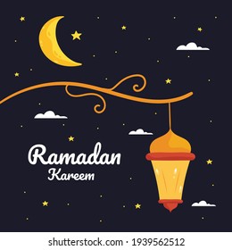 Ramadan Kareem greeting card template. Illustration vector graphic. Design concept  lantern with crescent moon and stars in flat design cartoon style, Perfect for banner, Postcard social media