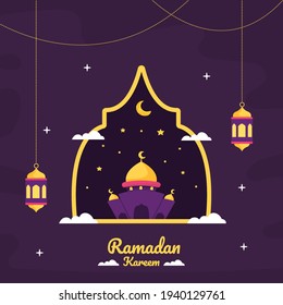 Ramadan Kareem greeting card template. Illustration vector graphic. Design concept Mosque with lantern, crescent moon and stars in flat design cartoon style, Perfect for banner, Postcard social media