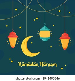 Ramadan Kareem greeting card template. Illustration vector graphic. Design concept  lantern with crescent moon and stars in flat design cartoon style, Perfect for banner, Postcard social media