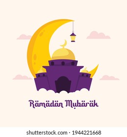Ramadan Kareem greeting card template. Illustration vector graphic. Design concept Mosque with lantern, crescent moon and cloud in flat design cartoon style, Perfect for banner, Postcard social media