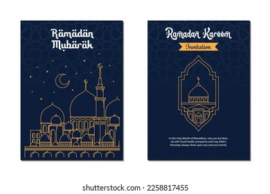 Plantilla de tarjeta de saludo Ramadan Kareem con mezquita y luna creciente