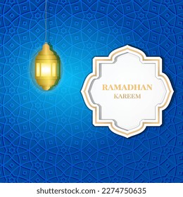 ramadan kareem greeting card template design blue background with realistic islamic pattern and islamic lantern. vector illustration.
