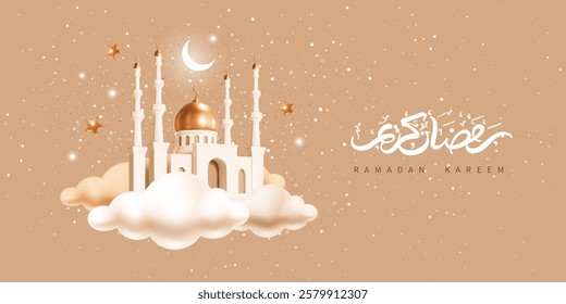 Ramadan Kareem greeting card template with crescent moon, mosque and calligraphy inscription which means Ramadan Kareem, on night cloudy blue background. Realistic 3d vector illustration