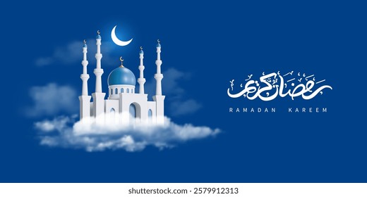 Ramadan Kareem greeting card template with crescent moon, mosque and calligraphy inscription which means Ramadan Kareem, on night cloudy blue background. Realistic 3d vector illustration