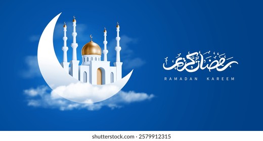 Ramadan Kareem greeting card template with crescent moon, mosque and calligraphy inscription which means Ramadan Kareem, on night cloudy blue background. Realistic 3d vector illustration