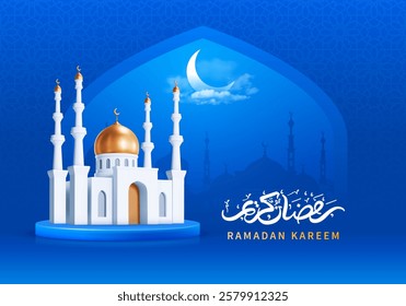 Ramadan Kareem greeting card template with crescent moon, mosque and calligraphy inscription which means Ramadan Kareem, on night cloudy blue background. Realistic 3d vector illustration