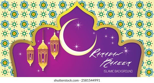 Ramadan Kareem greeting card. Template greeting card with intricate Arabic lamp on shiny abstract background.