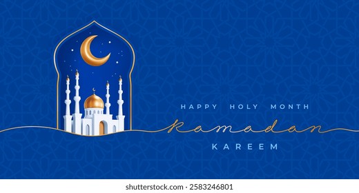 Ramadan Kareem greeting card template with crescent, 3d mosque with gold dome in the arch window, golden calligraphy continuous line Ramadan, blue background and geometric pattern. Vector illustration