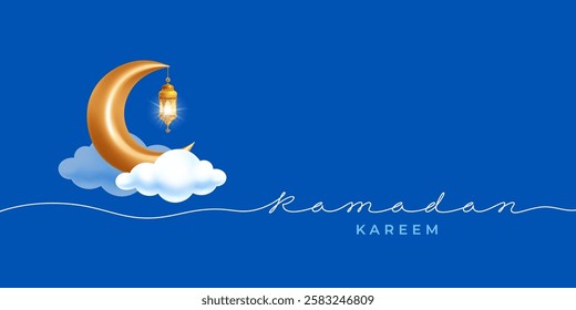 Ramadan Kareem greeting card template. 3d gold crescent moon in clouds, metallic luminous arabic lantern and calligraphy continuous line inscription Ramadan on blue background. Vector illustration