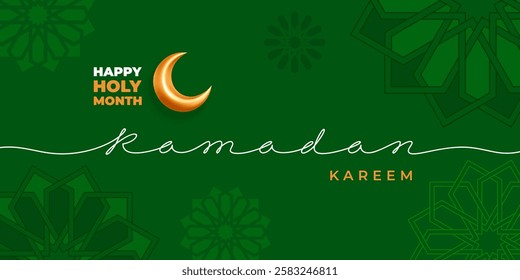 Ramadan Kareem greeting card template. 3d gold crescent moon, calligraphy continuous line inscription Ramadan on green background decorated with traditional geometric patterns. Vector illustration