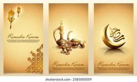 Ramadan Kareem greeting card template arabic calligraphy with colorful crescent background