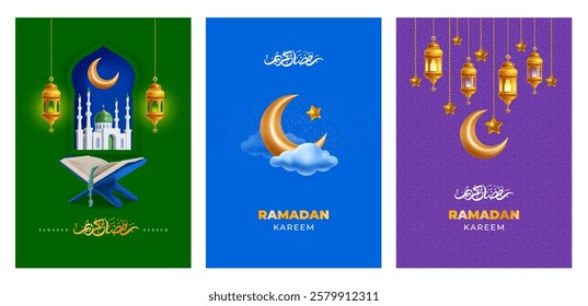 Ramadan Kareem greeting card templates set. Gold crescent moon, mosque, Quran, lanterns and calligraphy which means Ramadan Kareem, on green, purple, blue background. Realistic 3d vector illustration