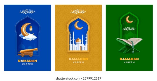 Ramadan Kareem greeting card templates set with gold crescent moon, mosque, Quran, cannon and calligraphy which means Ramadan Kareem, on green, gold, blue background. Realistic 3d vector illustration