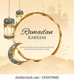 Ramadan Kareem greeting card with text label template decorated with elegant crescent moon and lantern. Realistic vector design.