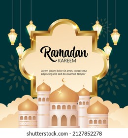 Ramadan Kareem greeting card with text label template decorated with  lantern. Realistic vector design.